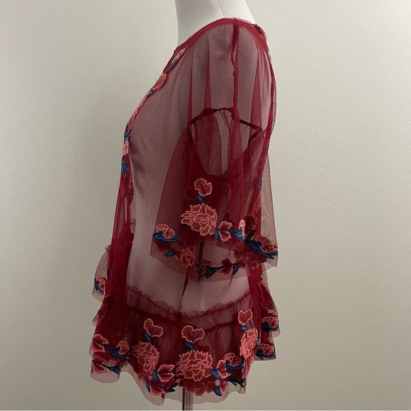 ZARA BURGUNDY SHEER FLORAL DETAIL WITH RUFFLED HEMLINE SIZE XSMALL - Picture 5 of 8